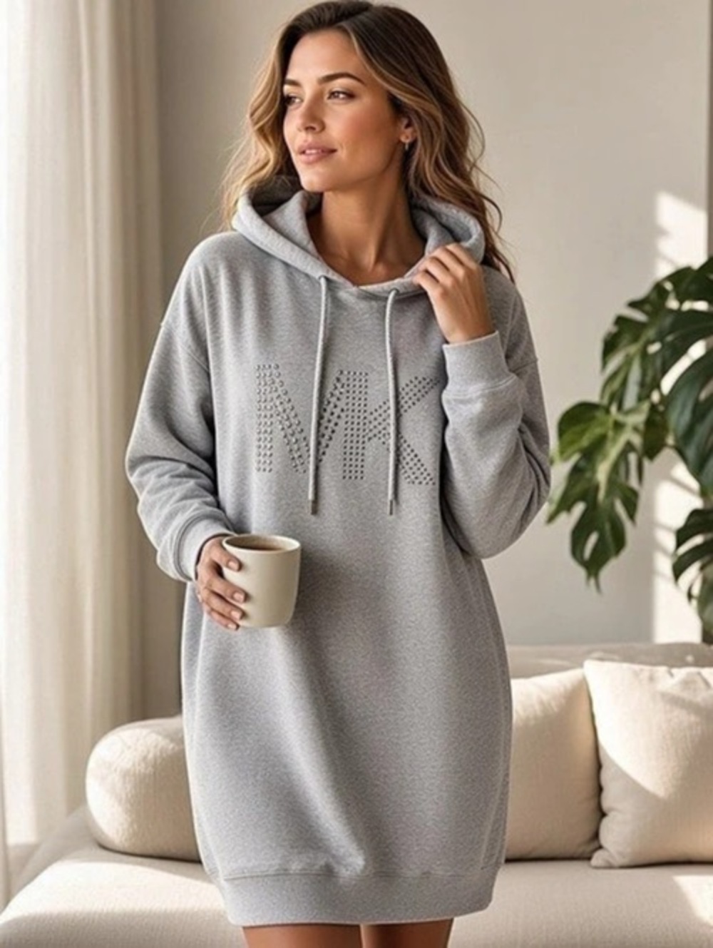 Michael Kors Studded MK Logo Hoodie Sweatshirt Dress Gray L